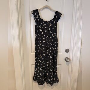 Monteau Black Floral Midi Dress with White Daisies and Tie Back